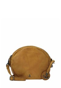 Borsa a tracolla in pelle di colore giallo senape, forma arrotondata, chiusura con zip superiore, tracolla regolabile, con dettaglio di un charm a forma di ancora.