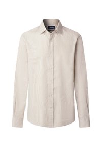 Camisa de manga larga abotonada en un color marrón claro con un pequeño patrón de cuadros, material de algodón, cuello estándar y corte recto.