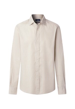 Lange mouwen overhemd met knopen in een lichtbruin kleur met een klein geruit patroon, van katoen, met een standaard boord en een rechte snit.