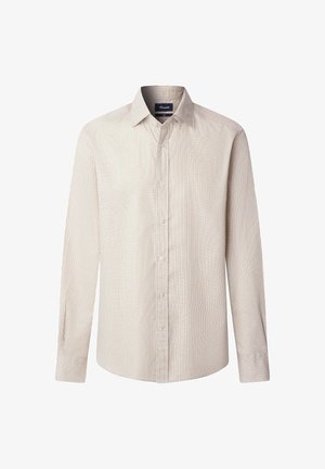 Lange mouwen overhemd met knopen in een lichtbruin kleur met een klein geruit patroon, van katoen, met een standaard boord en een rechte snit.