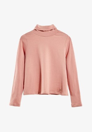 Jasnoróżowy prążkowany top z długim rękawem i golfem, o luźnym kroju, z małym złotym emblematem przy dolnym brzegu. Miękka faktura.