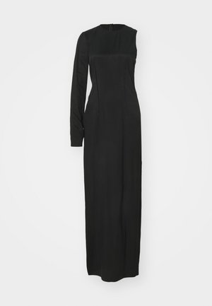 Schwarzes, langärmeliges Kleid mit hohem Ausschnitt und Reißverschluss im Rücken. Figurbetonte Silhouette mit glatter, matter Textur. Bodenlängendes Design.
