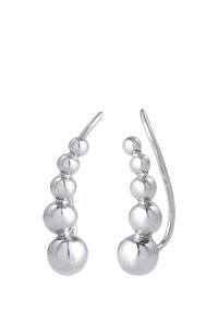 Silberohrringe mit einer Reihe von unterschiedlich großen kugeligen Perlen, die entlang eines gebogenen Drahthakens angeordnet sind. Glatte, polierte Oberfläche.