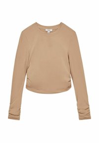 T-shirt met lange mouwen van soepele, rekbare stof in een beige kleur. Heeft een aansluitend ontwerp met plooien op de mouwen en de taille.