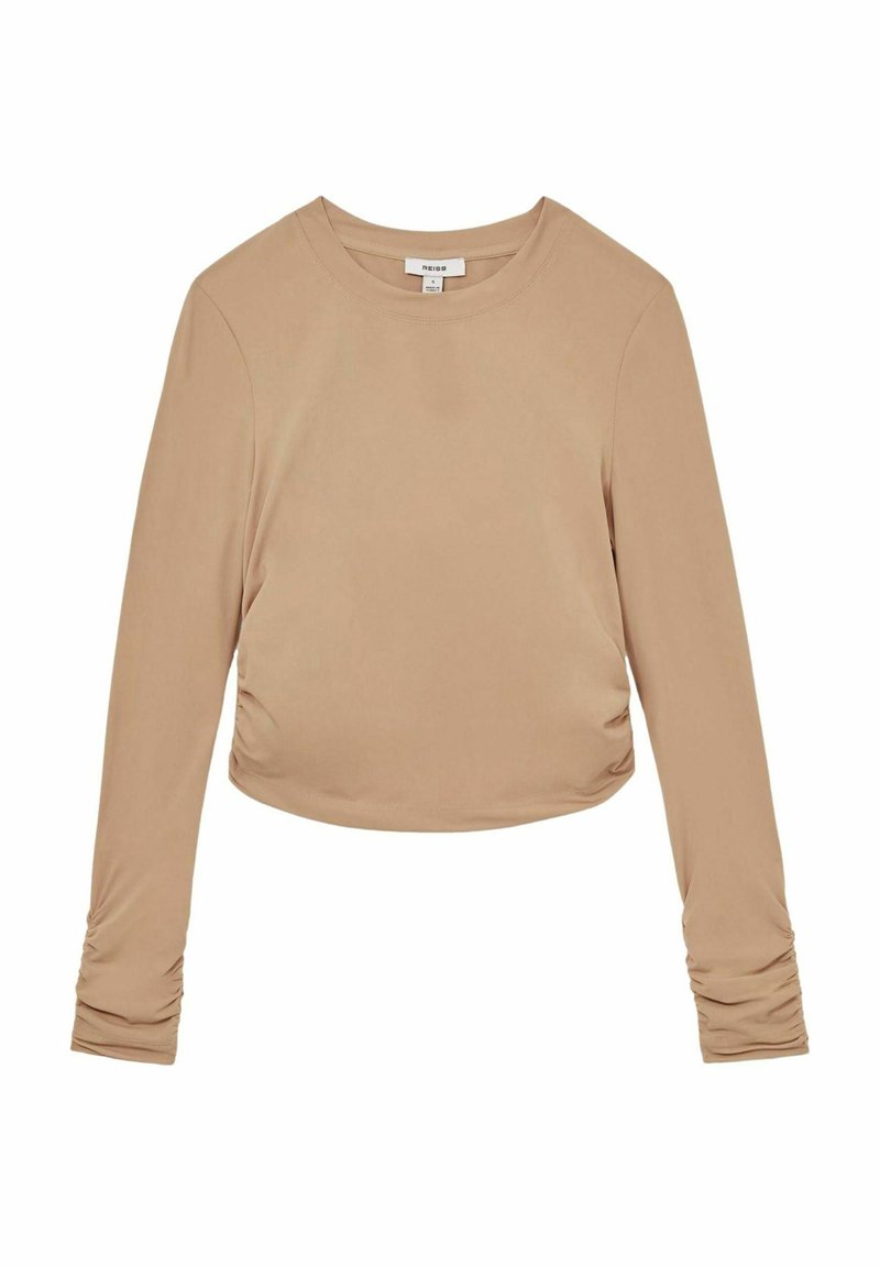 T-shirt met lange mouwen van soepele, rekbare stof in een beige kleur. Heeft een aansluitend ontwerp met plooien op de mouwen en de taille.