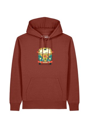 Rostfarbener Hoodie mit Fronttasche und einem bunten Vintage-Van-Motiv mit Friedenssymbolen und Blumen auf der Brust.