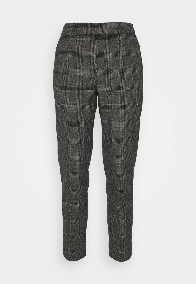 Gecontroleerde grijze broek met een getailleerde pasvorm, voorzien van een middelhoge tailleband en een gladde textuur. Het ontwerp bevat subtiele lijnen en patronen.