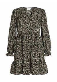 Svart blommig klänning med långa ärmar, samlad midja, volangkant och små rosa och krämfärgade blommor. Tillverkad av lättviktig tyg.