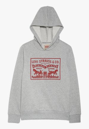 Hellgrauer Kapuzenpullover aus Baumwolle mit rotem Grafikdruck mit Tieren und Text, zentriert auf der Vorderseite. Kängurutasche unten.