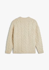 Jersey de punto grueso en un color beige claro, con cuello redondo, mangas largas y un diseño texturizado de punto grueso con puños acanalados.