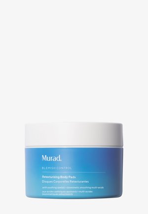 Behälter mit weißen Deckel und blauem Etikett der Murad Blemish Control Retexturizing Body Pads, enthalten beruhigende Azelainsäure und biomimetische Säuren.