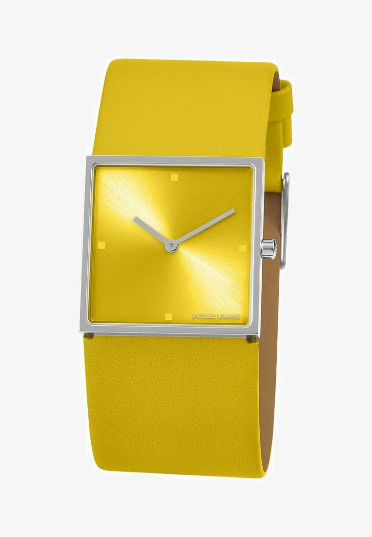Quadratische gelbe Uhr mit einem glänzenden gelben Ziffernblatt, silbernen Stunden- und Minutenzeigern sowie einem strukturierten gelben Lederarmband. Verfügt über minimalistische quadratische Markierungen.