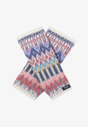 Värviline paar kootud sõrmevaba kindaid geomeetriliste mustritega punases, sinises, lillases ja koorevärvis, tähistatud IVKO Woman.