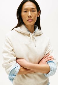 Beige Kapuzenpullover mit Kordelzug und geprägtem Logo, über einem hellblauen und weißen gestreiften Hemd getragen, das hochgekrempelte Ärmel hat.