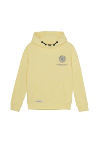 Haut à capuche jaune en tissu doux, doté d'une poche frontale, d'une capuche à cordon de serrage et d'un design graphique imprimé sur la poitrine.