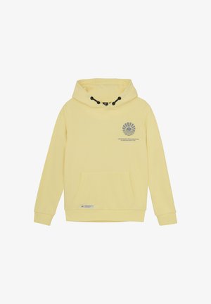 Gelbe Hoodie aus weichem Stoff, mit einer Fronttasche, Kordelzugkapuze und einem bedruckten Grafikdesign auf der Brust.