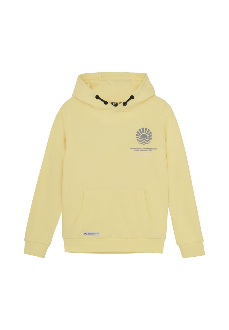 Haut à capuche jaune en tissu doux, doté d'une poche frontale, d'une capuche à cordon de serrage et d'un design graphique imprimé sur la poitrine.