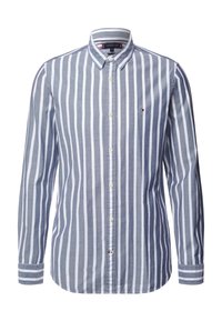Camicia a maniche lunghe da uomo con righe verticali bianche e blu e un piccolo logo di Tommy Hilfiger sul petto.