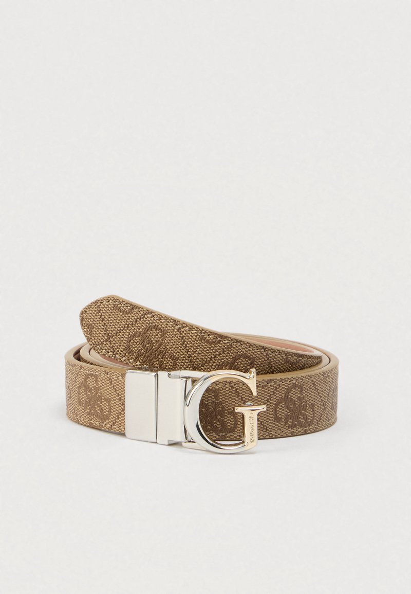 Ceinture en tissu à motifs marron, dotée d'une boucle logo dorée et d'un revers en cuir lisse. La boucle est rectangulaire avec un "G" stylisé.