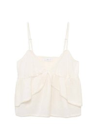 Lightweight cream top with thin spaghetti straps, featuring layered ruffles at the front and delicate trim details along the edges.