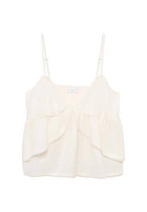 Lightweight cream top with thin spaghetti straps, featuring layered ruffles at the front and delicate trim details along the edges.