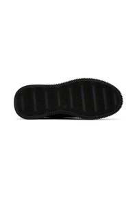 Black rubber shoe sole with textured surface, featuring horizontal grooves for grip and rounded edge design.