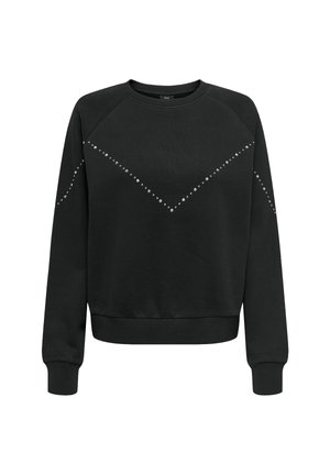 Sweat-shirt noir à manches longues avec un col rond et des clous en argent formant une forme en V sur la poitrine et s'étendant le long des manches.