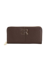 Portafoglio marrone in pelle testurizzata con zip e logo e cursore della zip in tono oro, forma rettangolare e dettagli cuciti sui lati.