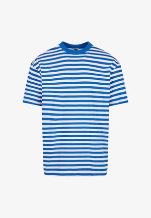 Blå og hvit horisontalt stripet kortermet T-skjorte med rund hals og avslappet passform.