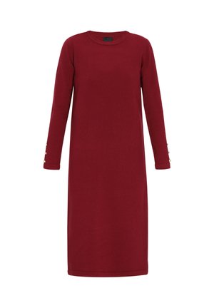 Langärmliges, burgunderfarbenes Kleid aus weichem Stoff mit Rundhalsausschnitt und Knopfdetails an den Ärmeln. Knöchellange Passform.