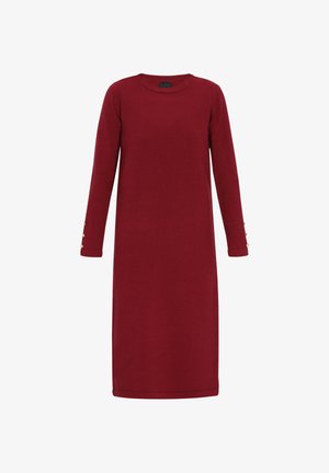 Bordeaux jurk met lange mouwen, gemaakt van zachte stof, met een ronde hals en knoopaccenten op de mouwen. Enkellange pasvorm.