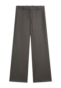 Pantaloni a gamba larga di colore grigio scuro, con un sottile motivo a righe. Realizzati in un tessuto morbido con una parte anteriore piatta e passanti per cintura.