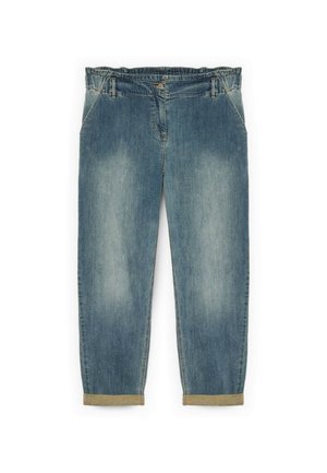 Lichtblauwe denim jeans met een losse pasvorm, met een lichte vervaging, een opgerolde zoom en een elastische tailleband met lussen voor een riem.