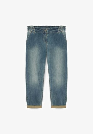 Jeans in denim azzurro chiaro con vestibilità rilassata, caratterizzati da leggeri sbiadimenti, orlo arrotolato e cintura elastica con passanti per la cintura.