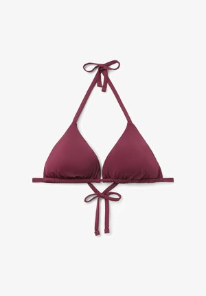 Mauve trójkątny biustonosz bikini z regulowanymi wiązaniami na szyi i plecach, z marszczonym pasem dla dopasowanego kroju oraz gładką teksturą materiału.