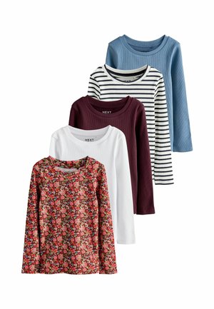 Fünf langärmelige, gerippte Shirts für Kinder in floral, weiß, burgundrot, gestreift und blau, auf einem weißen Hintergrund überlappend angeordnet.