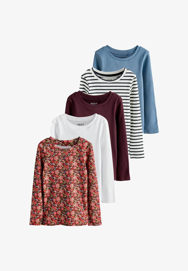 Fünf langärmelige, gerippte Shirts für Kinder in floral, weiß, burgundrot, gestreift und blau, auf einem weißen Hintergrund überlappend angeordnet.
