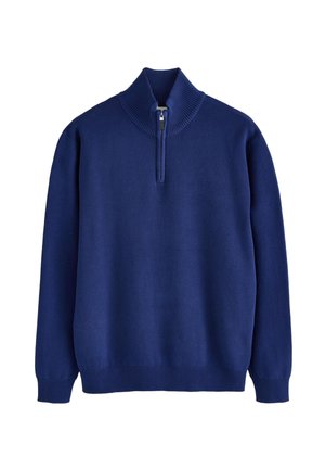 Marineblauwe trui met lange mouwen, geribbelde hoge kraag en een kwart ritssluiting, met geribbelde manchetten en zoom.