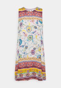 Robe sans manches à imprimé floral avec un empiècement multicolore, motifs bleus, roses, jaunes et crème, présentant une coupe décontractée en ligne A.