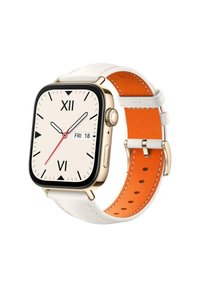 Smartwatch with square gold case, cream dial, black bezel, Arabic numerals, red second hand, white leather strap with orange inner lining.