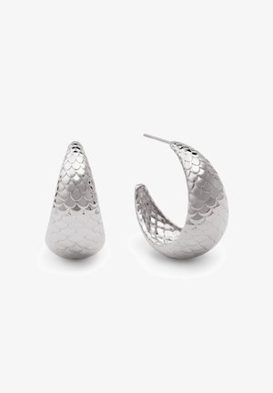 Silver hoop earrings with a textured scale pattern, featuring a tapered design. Lightweight with a polished finish and a smooth interior.