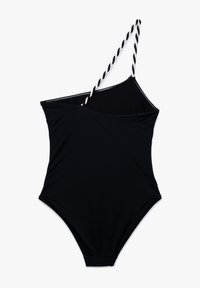 Sort heldragt badedragt med et asymmetrisk design, der har en snoet strop. Glat stof med en minimalistisk stil og højudskårne benåbninger.