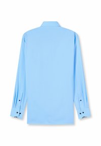 Hellblaues Langarmhemd mit Kragen und geknöpften Manschetten. Glatter Stoff mit feiner Textur und tailliertem Schnitt.