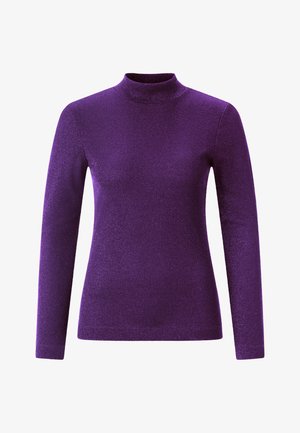 Bluză lungă cu mâneci, de culoare mov, confecționată dintr-un material texturat și lucios, având un design ajustat și un guler înalt.