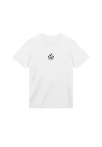 Weißes Baumwoll-T-Shirt mit kleinem schwarzem grafischen Design eines Seemanns und eines Ankers auf der Vorderseite. Kurze Ärmel und Rundhals.