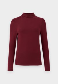 Burgundy pitkähihaine paita, jossa on mock-neck, sileä pinta, hienovaraiset olkataskut ja tiukka siluetti. Valmistettu joustavasta kankaasta.