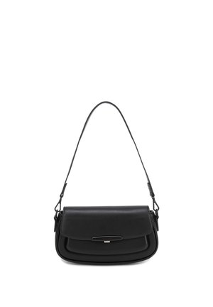 Sac à bandoulière en cuir noir avec fermeture à rabat et une bandoulière fine et réglable, présenté sur fond blanc.