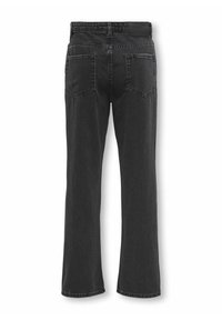 Melnās džinsus bikses ar izteiktu platu kāju dizainu, kurām ir divas aizmugures kabatas un jostas uzlīme. Gluda tekstūra un vidēja svara audums.