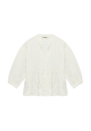 Hvid bluse med lange ærmer, V-hals, knapper foran, blonde detaljer på forside og ærmer samt en flydende, flæset kant.