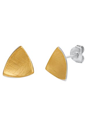 Orecchini a perno in argento con triangolo d'oro dalla superficie testurizzata. Presentano bordi puliti e una finitura lucida.